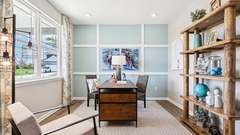 den with aqua walls and white trim detail