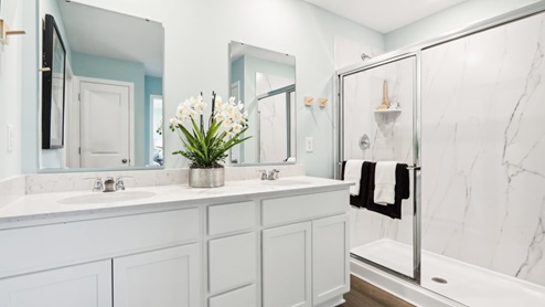 primary bathroom with dual sinks