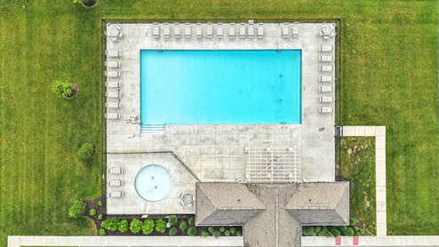 aerial view of clubhouse and pool