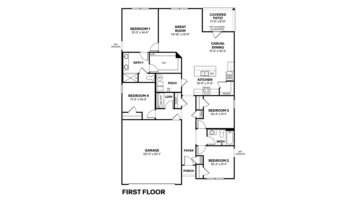 Ranch open concept 4 bedrooms 2 full bathrooms walk-in closet kitchen island outdoor covered patio dual sinks