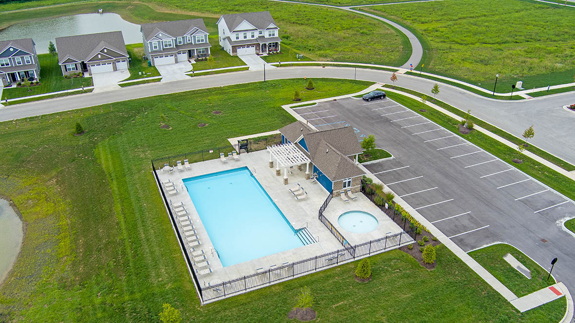 Aerial view of the community pool showing layout and surrounding amenity areas Mt. Vernon North