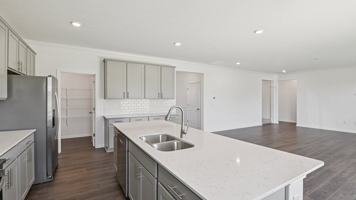 kitchen with large corner pantry