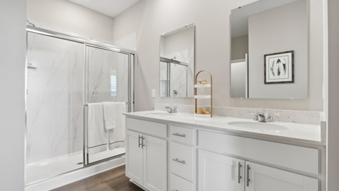 primary bathroom with walk-in shower and dual vanity