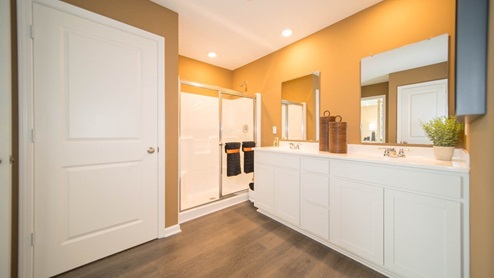 primary bathroom with dual vanity and walk-in shower