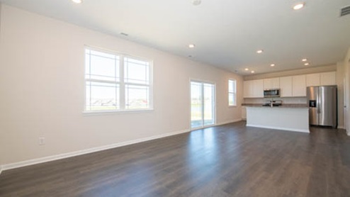 laminate flooring in great room and kitchen