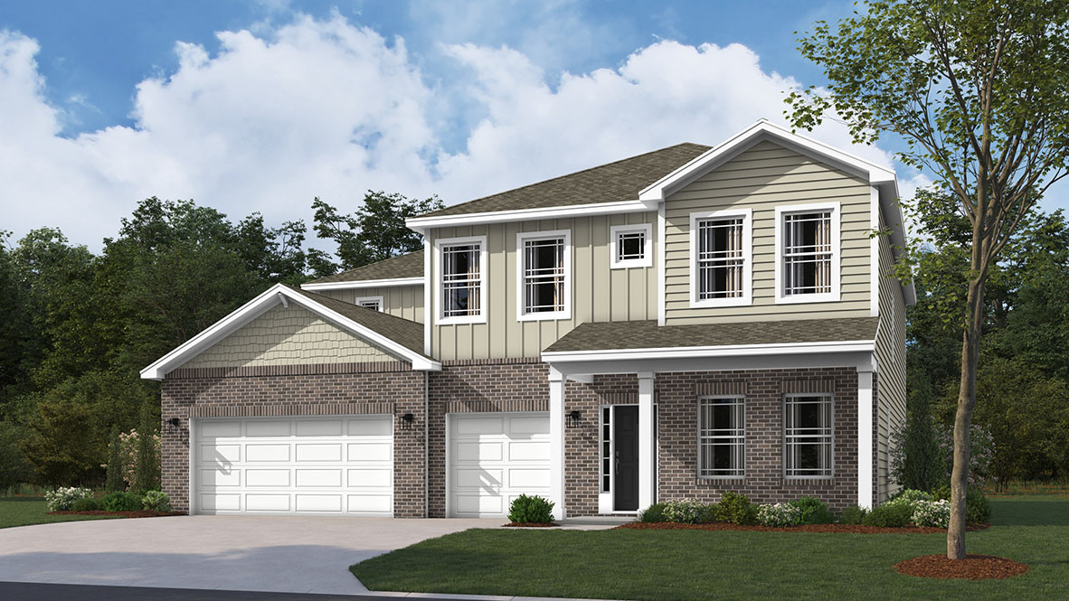 front exterior of a two story home with a three car garage