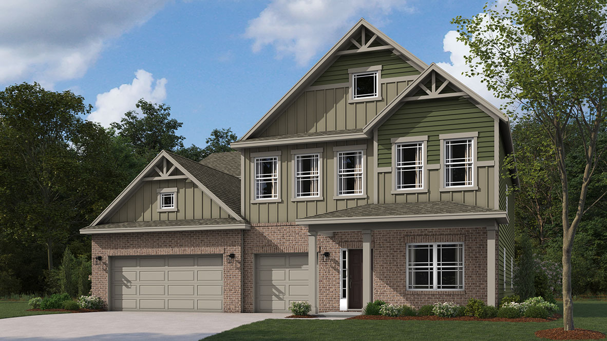 front exterior of a two story home with a three car garage