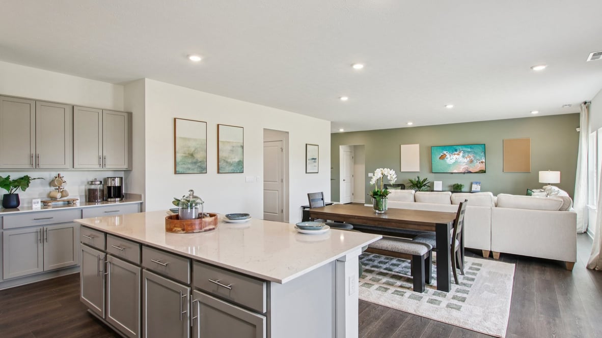 kitchen island and dining room