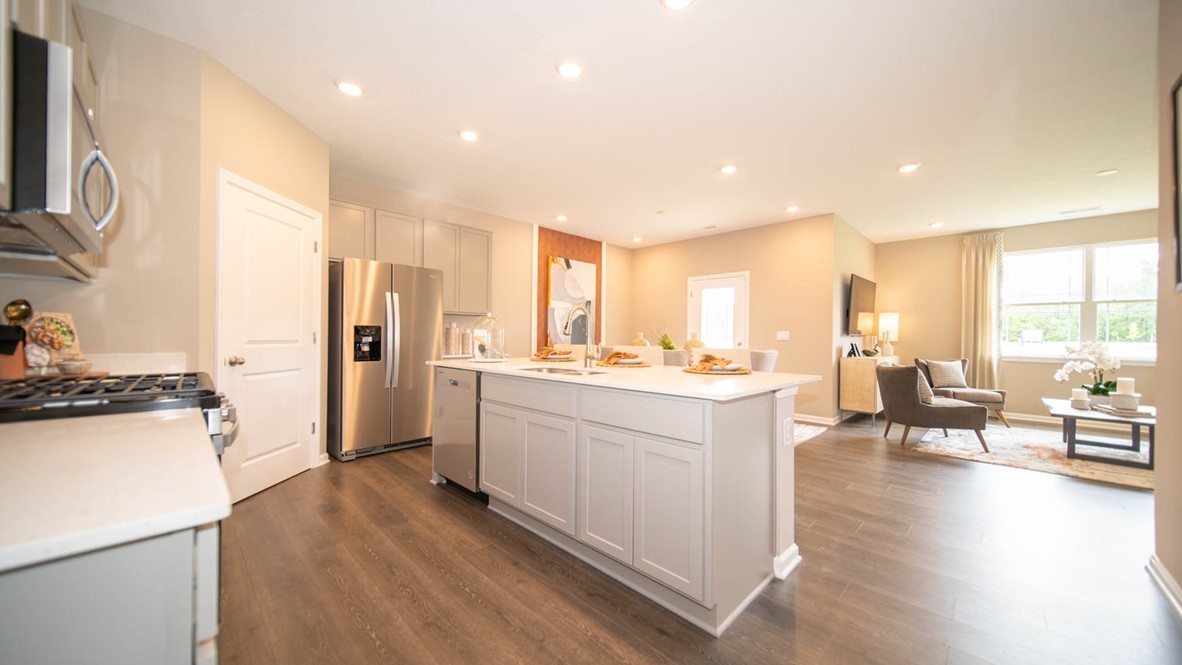 Open-concept kitchen area with vinyl flooring.