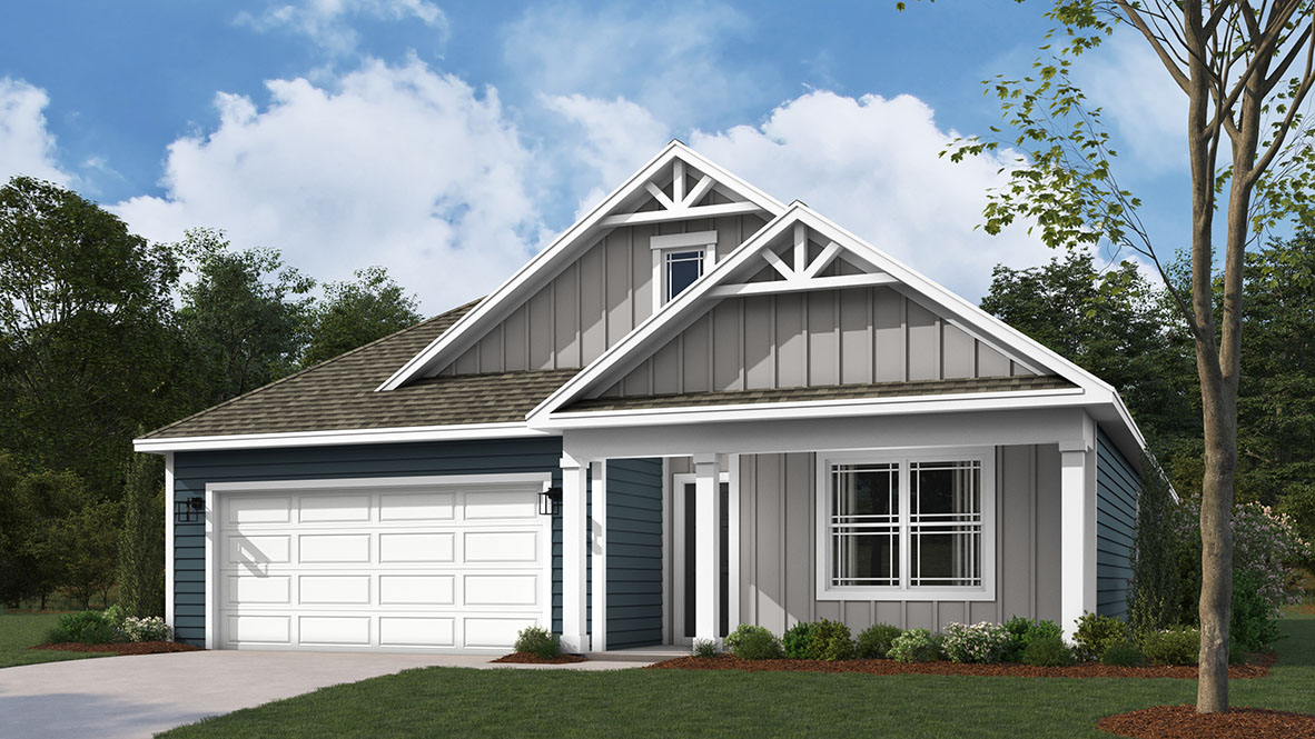 Chatham exterior rendering elevation option with board-and-batten and siding with a two-car garage.