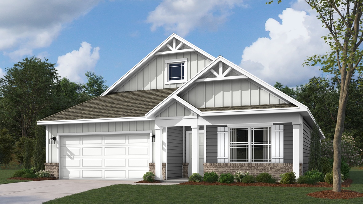 Chatham exterior rendering elevation option with board-and-batten and siding and two-car garage.