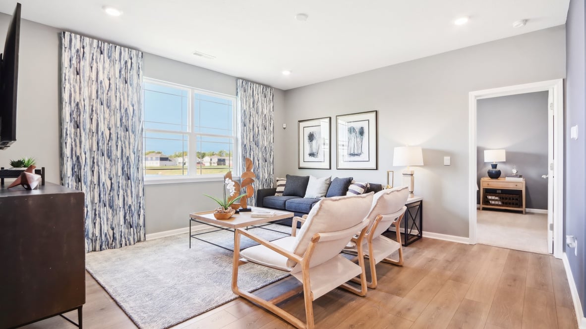 great room with drapery