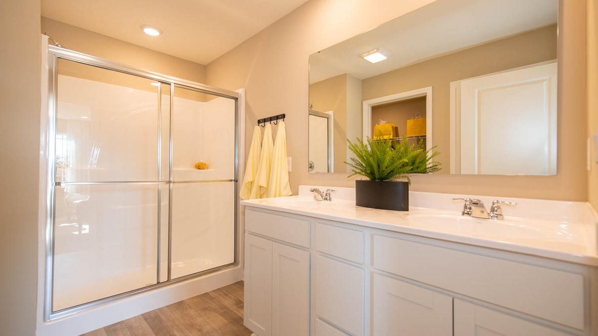 primary bathroom with dual vanity