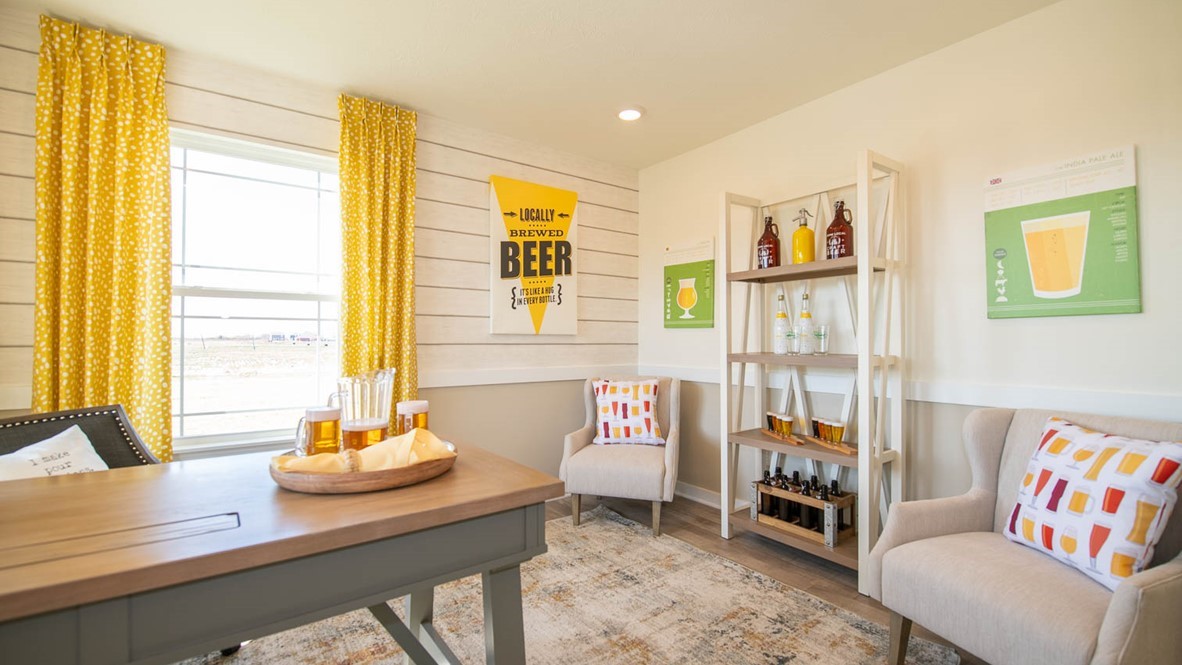 home office with shiplap wallpaper