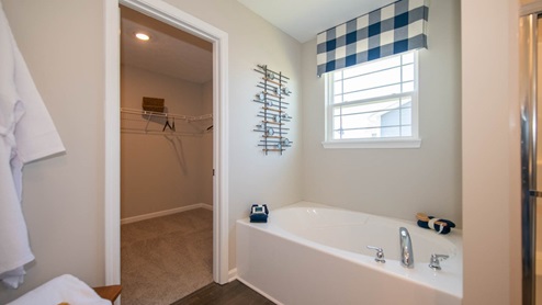 garden tub with window above and walk-in closet