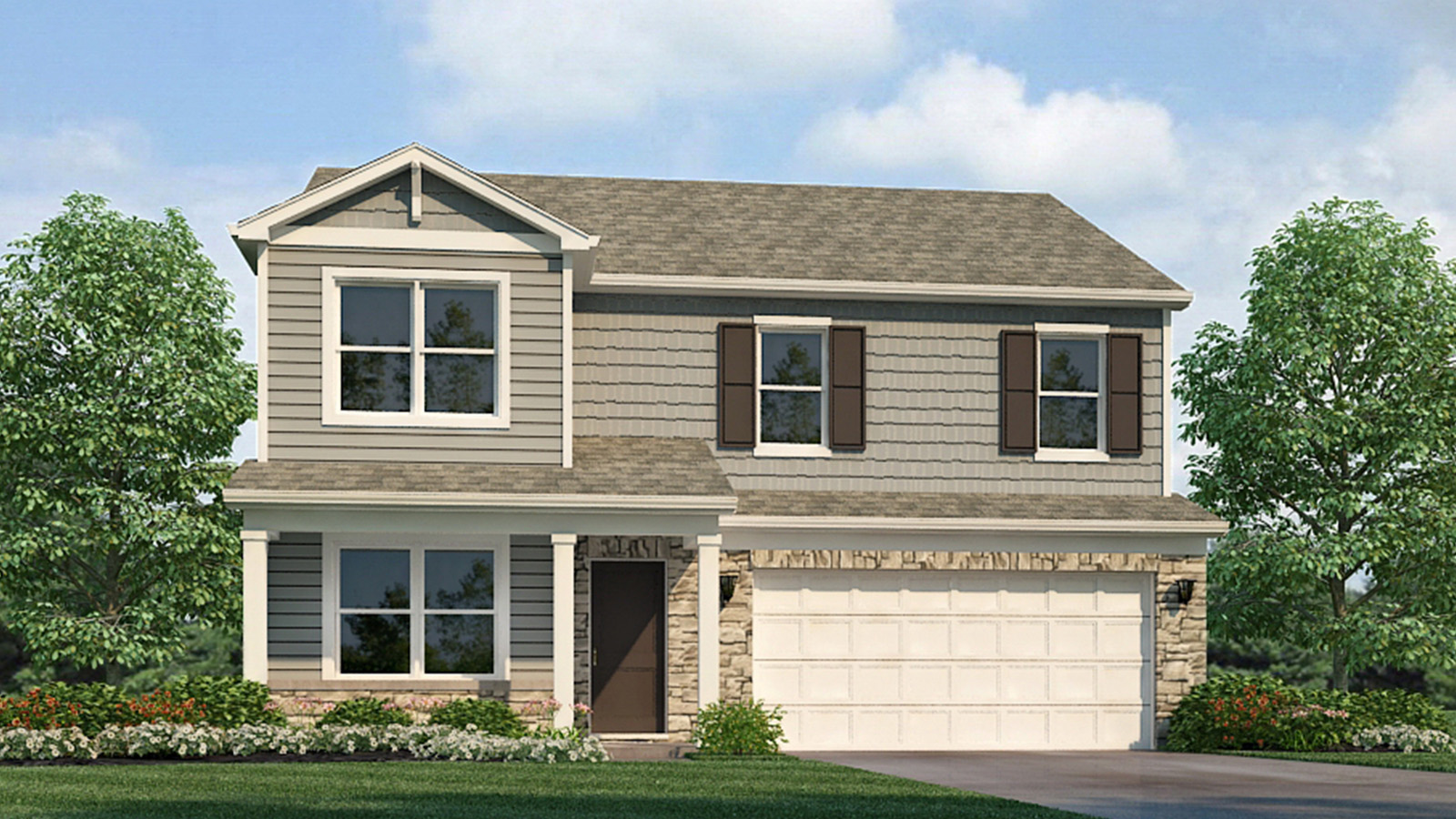 Stamford B elevation rendering.  Two story home with covered front porch and light brown siding