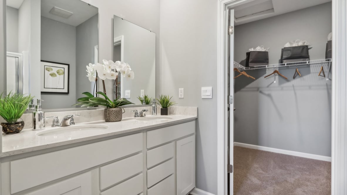 primary bathroom with dual vanity
