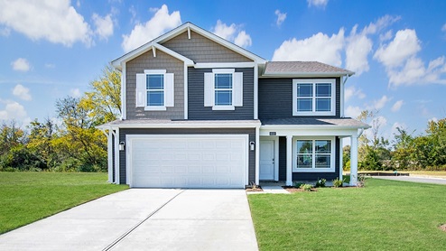 two story home with front porch, blue skies
