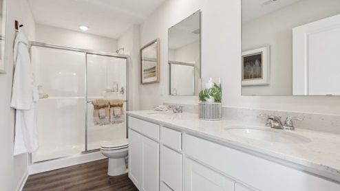 primary bathroom with dual vanity