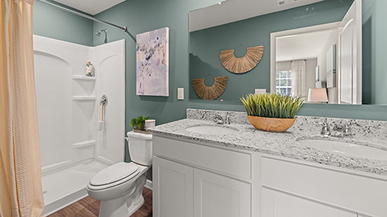 spacious primary suite bathroom with double vanity