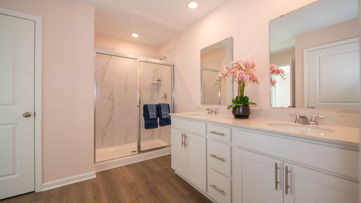 primary bathroom with dual vanity