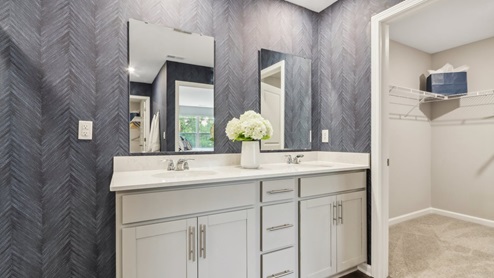 primary bathroom with dual vanity and walk-in closet