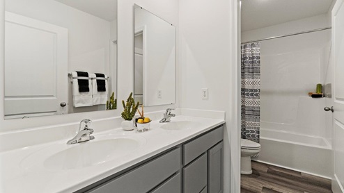 Livingston Lakes Holcombe model home main bathroom off of the main bedroom with dual sinks, tub shower, and LVP flooring