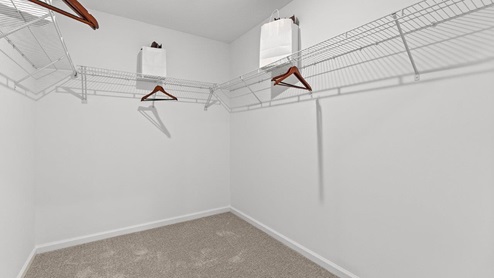 Livingston Lakes Holcombe model home walk in closet off of the main bedroom with carpet and wire shelving