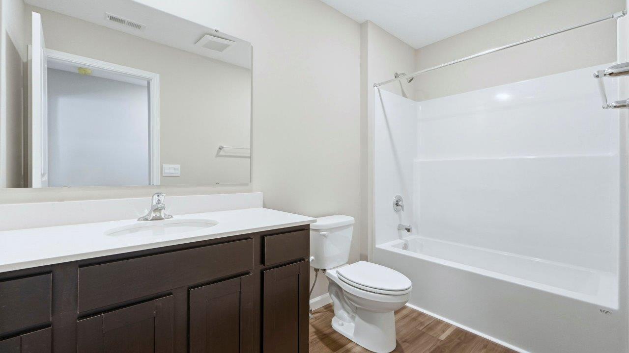 bathroom 2 with single vanity sink, sarsaparilla cabinets, and tub shower