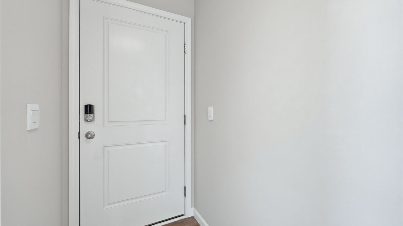 front door and foyer with lvp flooring and popular grey walls