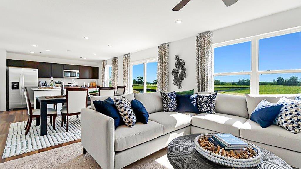 bellamy open floorplan living room, dining, and kitchen