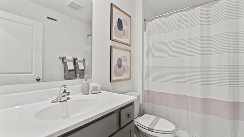 Estates at Signal Ridge Chatham model home bathroom 2 with tub shower and sink on grey cabinetry
