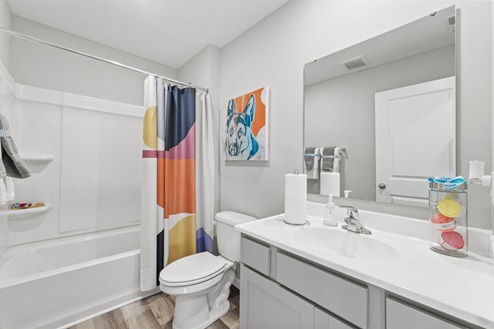 Timber Creek Chatham Model Home - Bathroom 2 with vanity sinks with grey cabinetry and tub shower with Draven LVP flooring.