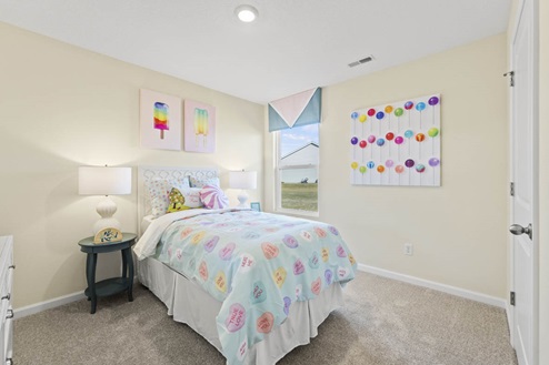 Timber Creek Chatham Model Home - Bedroom 4 with carpet flooring and single window.