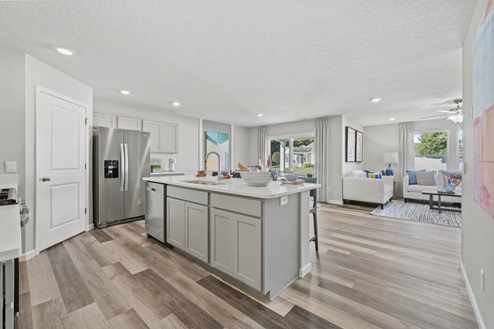 Timber Creek Chatham Model Home - kitchen with LVP flooring and grey cabinetry.