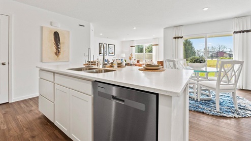 Chatham model home with stainless steel dishwasher and sink in the island.