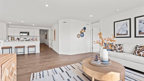 Chatham model living room next to kitchen and dining area.