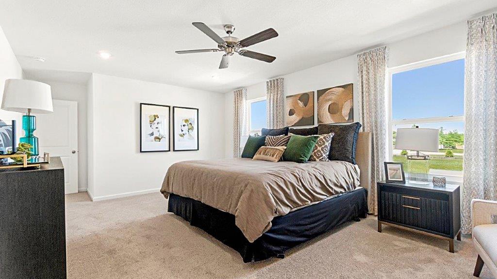 bellamy spacious primary bed with carpet, fan, and natural lighting