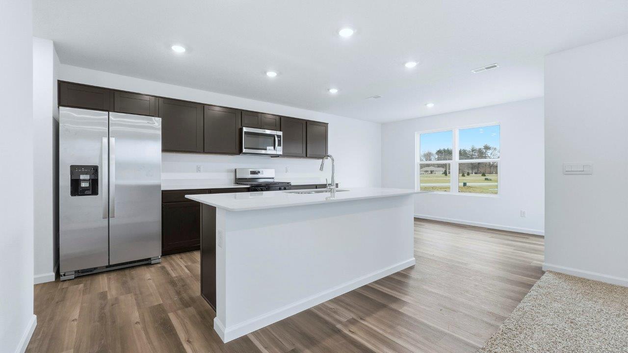 kitchen with dark brown cabinets, center island, lvp, stainless steel appliances, and more