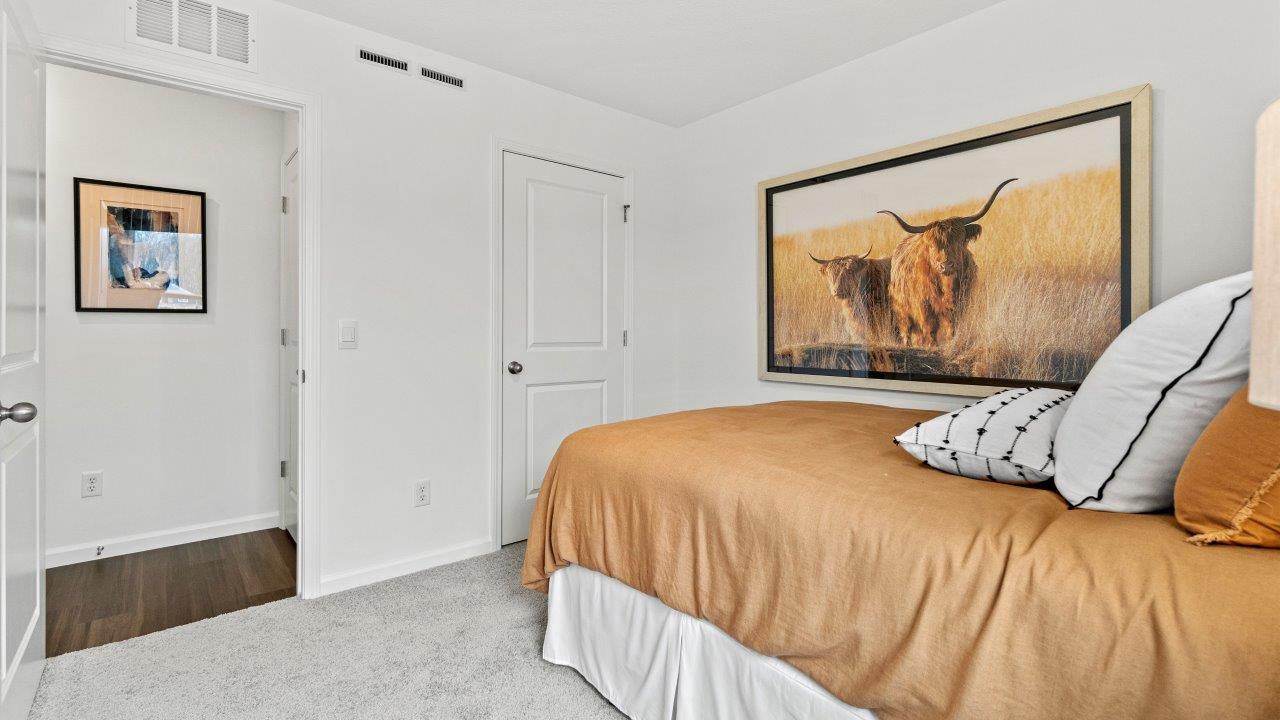 riverwalk aldridge model bedroom 3 with single window, closet, white walls, and elk beige carpet