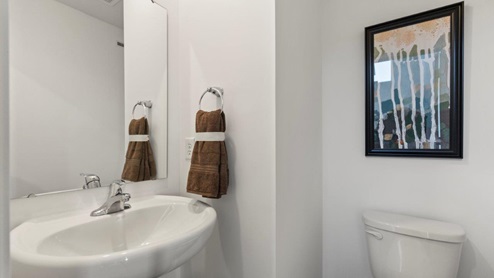 Kennebec Bellamy Model Home Half bathroom with pedestal sink and LVP flooring.