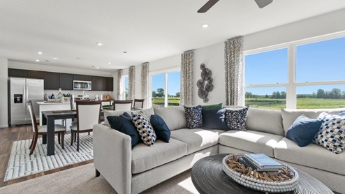 Kennebec Bellamy Model Home Living room with Bird Bath Carpet next to the dining space in open floorplan layout.