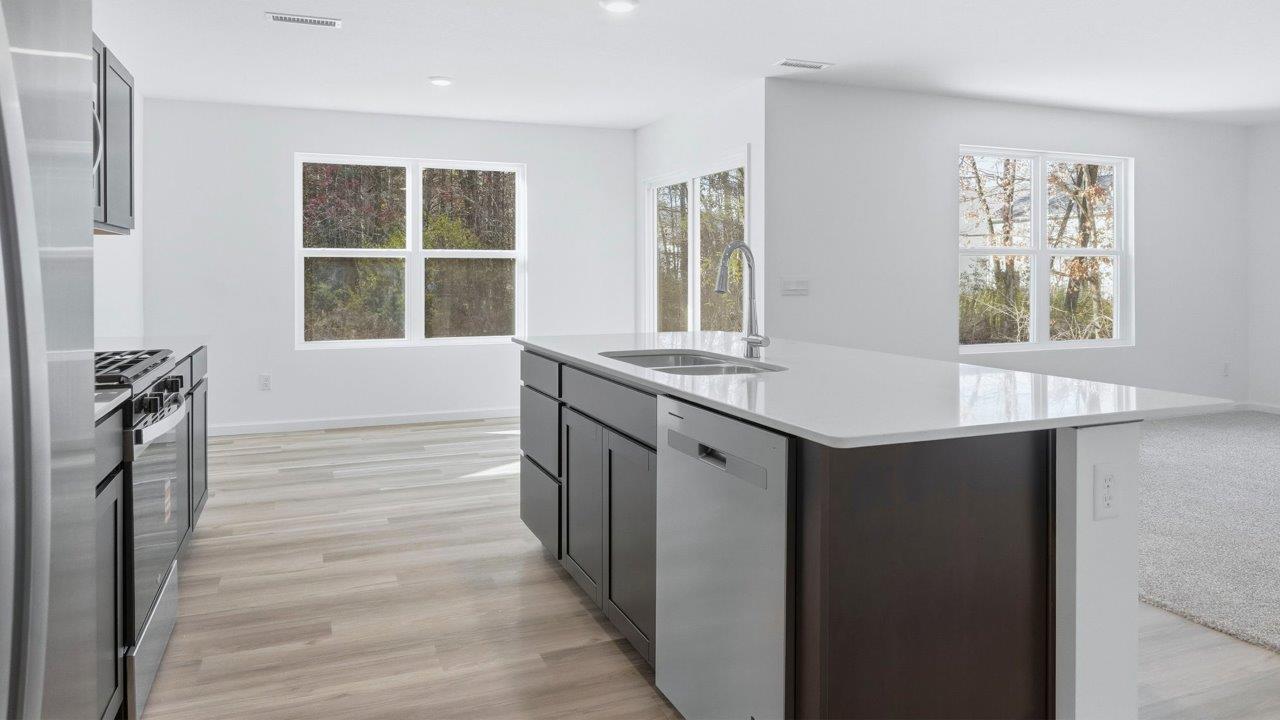 kennebec pine kitchen with dark brown cabinets, quartz counters, lvp flooring, center island, and stainless steel appliances