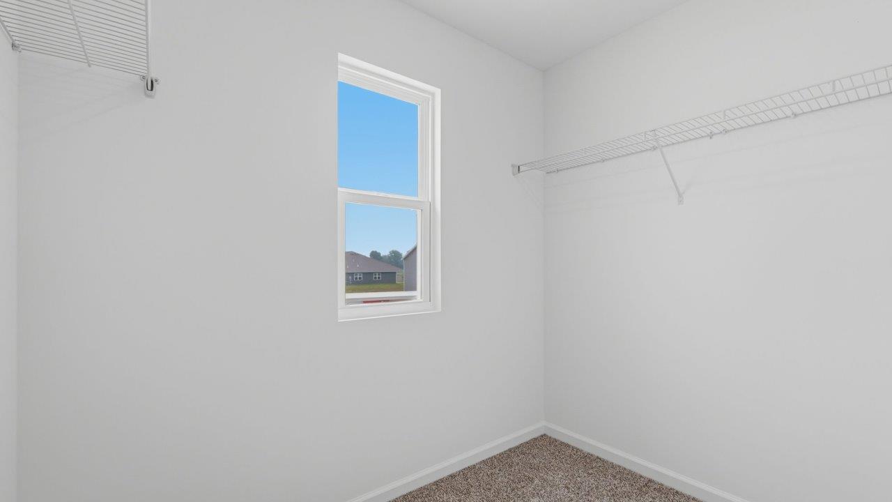 kennebec elm primary ensuite walk in closet with carpet flooring, ventilated shelving, and a window