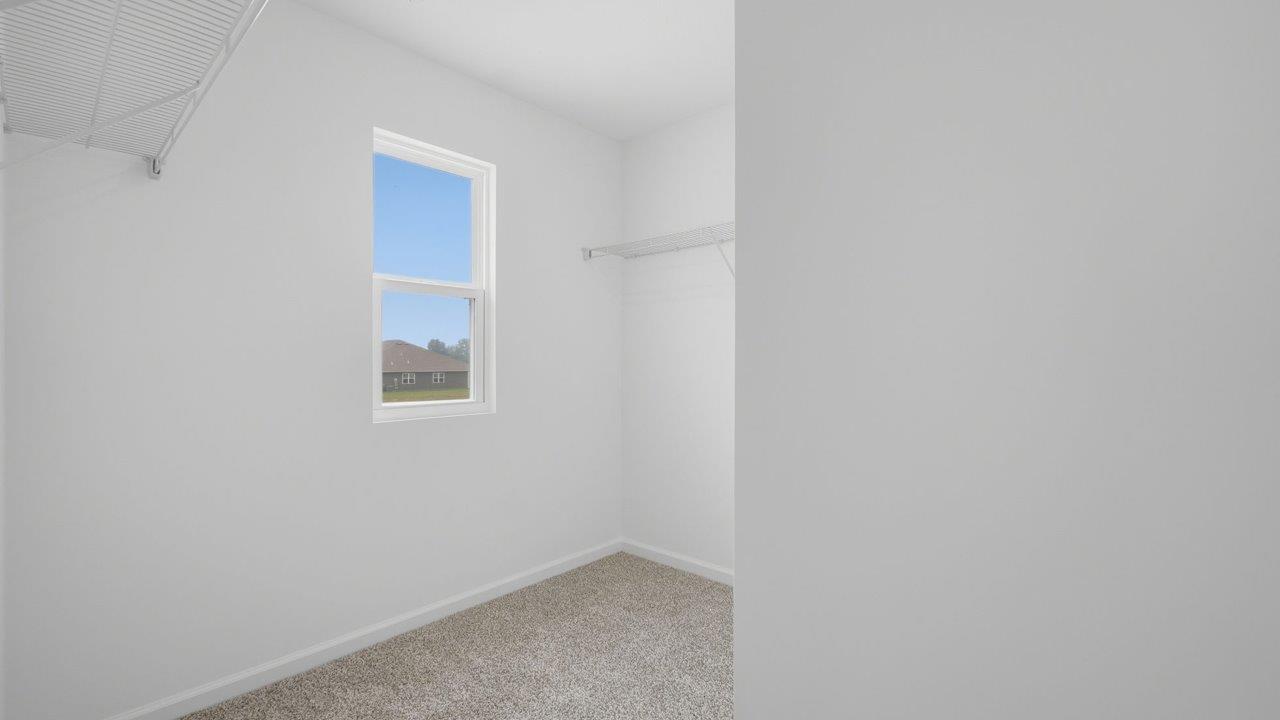 kennebec elm primary ensuite walk in closet with carpet flooring, ventilated shelving, and a window