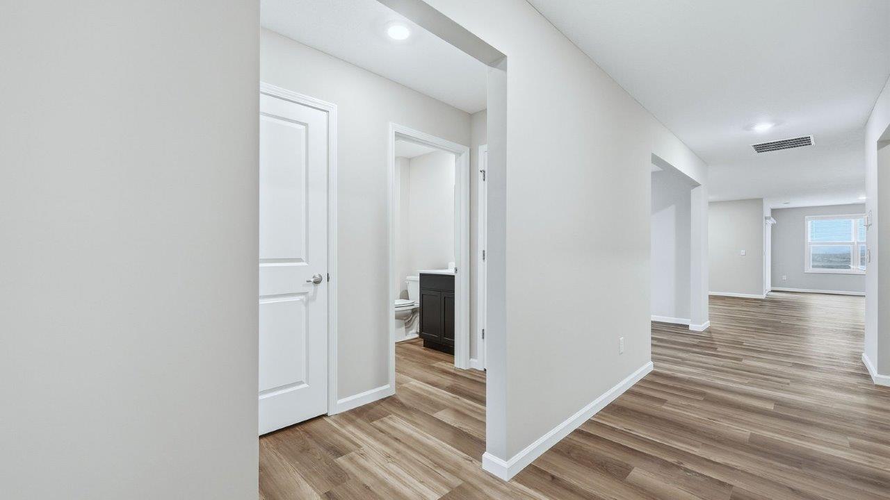 foyer with lvp flooring and popular grey walls