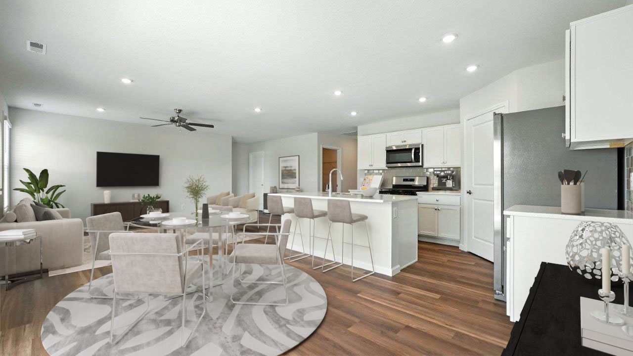 Hardin Floorplan kitchen, living room, and dining room