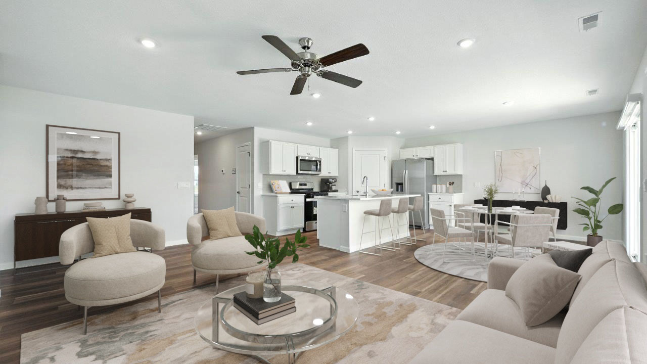 Hardin Floorplan kitchen, living room, and dining room