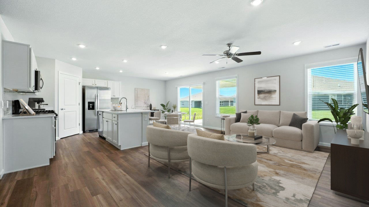 Hardin Floorplan kitchen, living room, and dining room