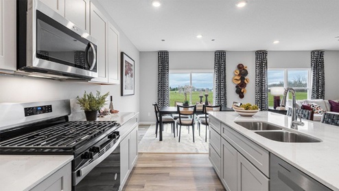 belmont woods henley kitchen with lvp, large island, stainless steel, and large pantry